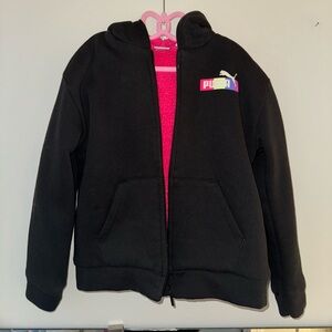 PUMA, girls black zip up hoodie with pink Sherpa lining, size medium 8-10